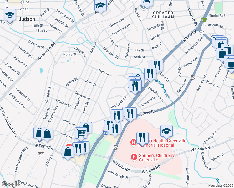 map of restaurants, bars, coffee shops, grocery stores, and more near 6 Chelsea Circle in Greenville