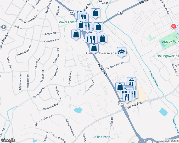 map of restaurants, bars, coffee shops, grocery stores, and more near 15 Annacey Place in Greenville