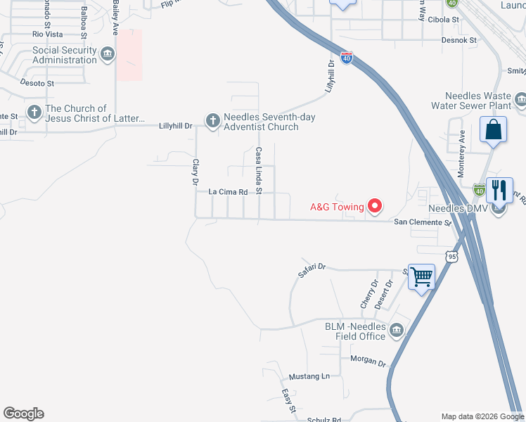 map of restaurants, bars, coffee shops, grocery stores, and more near 2249 Casa Linda Street in Needles