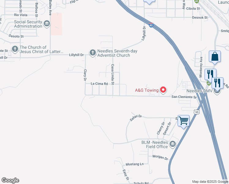 map of restaurants, bars, coffee shops, grocery stores, and more near 2249 Casa Linda Street in Needles