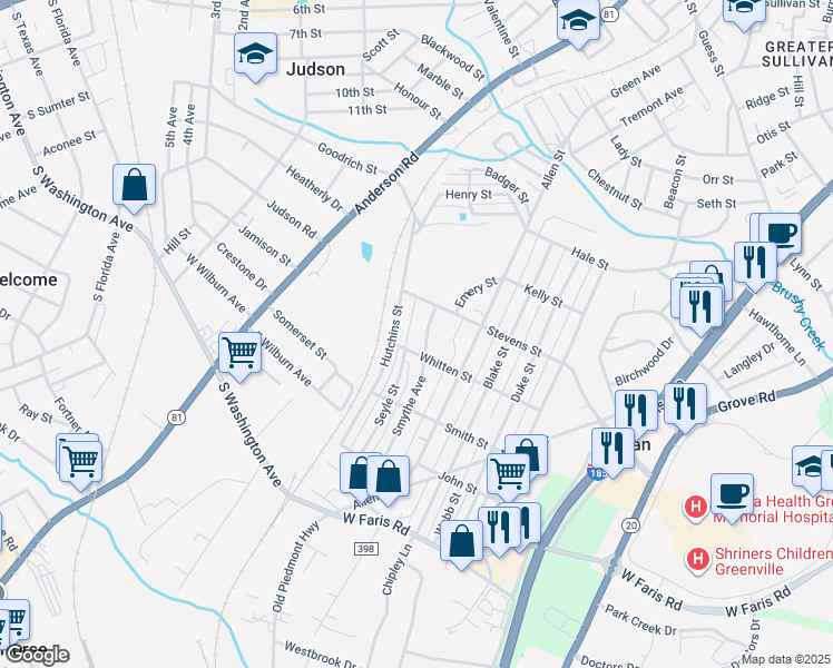 map of restaurants, bars, coffee shops, grocery stores, and more near 33 Smythe Avenue in Greenville