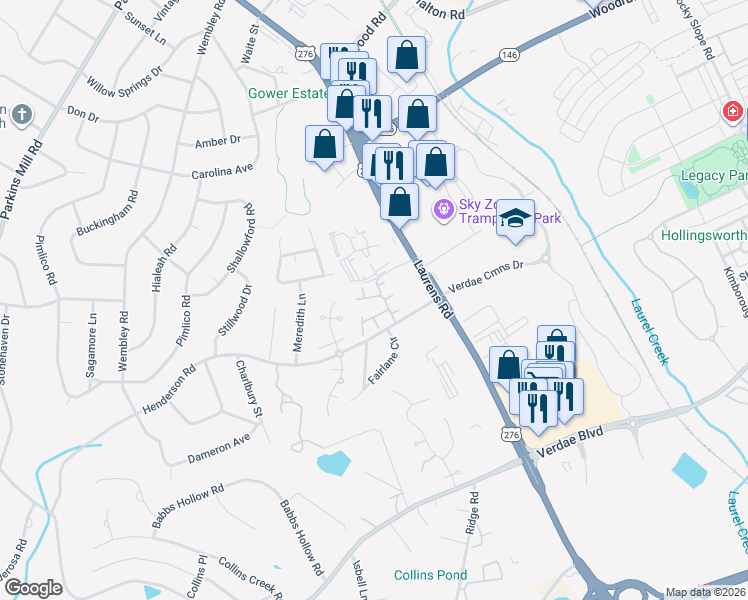 map of restaurants, bars, coffee shops, grocery stores, and more near 406 Chamonix Court in Greenville