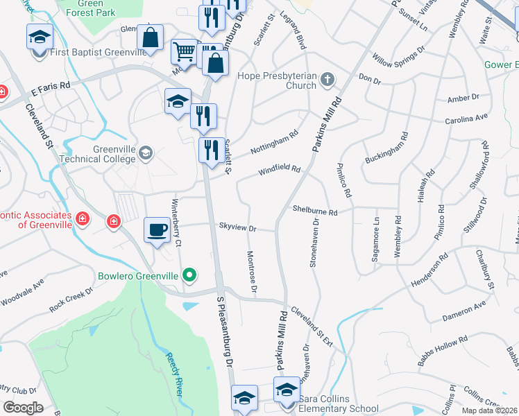 map of restaurants, bars, coffee shops, grocery stores, and more near 8 Windfield Road in Greenville