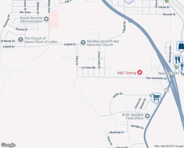 map of restaurants, bars, coffee shops, grocery stores, and more near 2242 Casa Del Sol Street in Needles