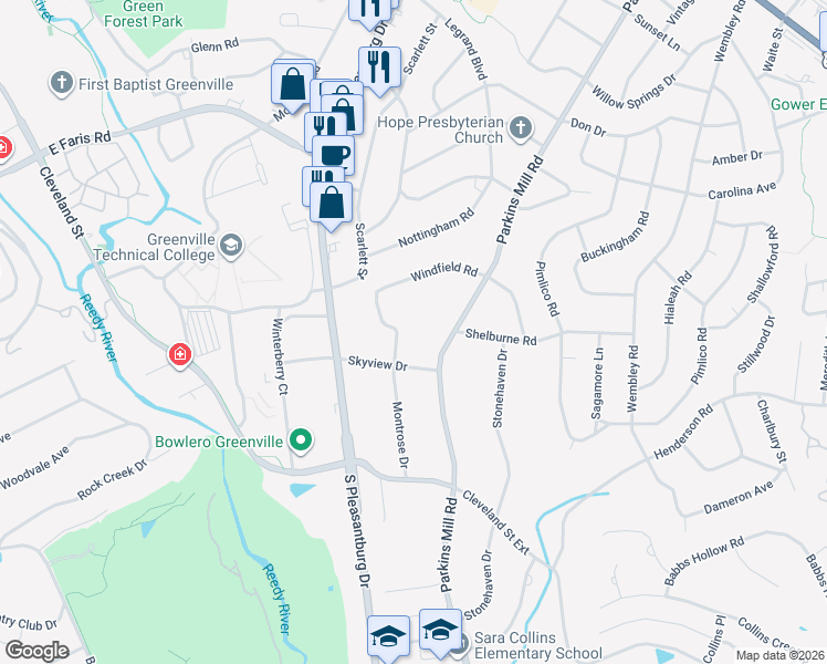 map of restaurants, bars, coffee shops, grocery stores, and more near 8 Windfield Road in Greenville
