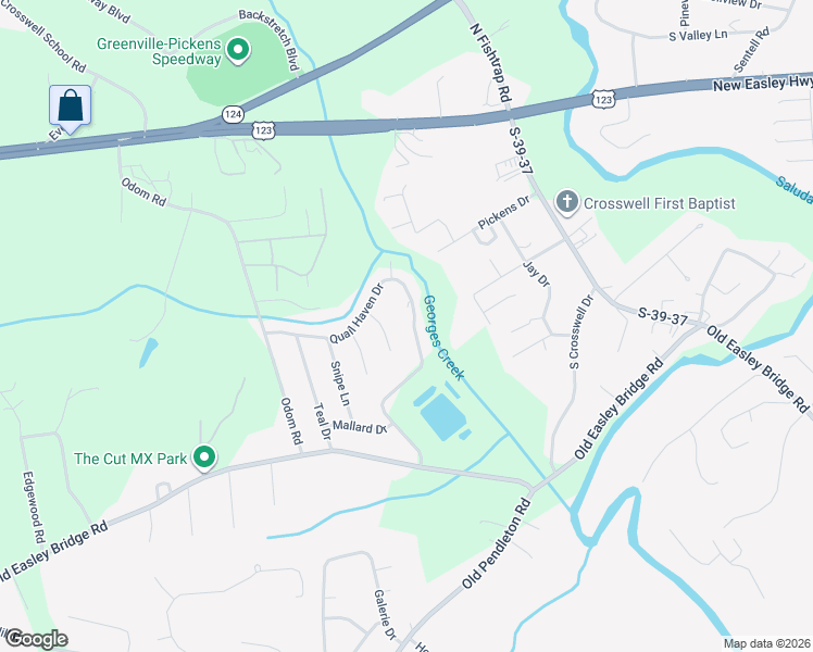 map of restaurants, bars, coffee shops, grocery stores, and more near 107 Quail Haven Court in Easley