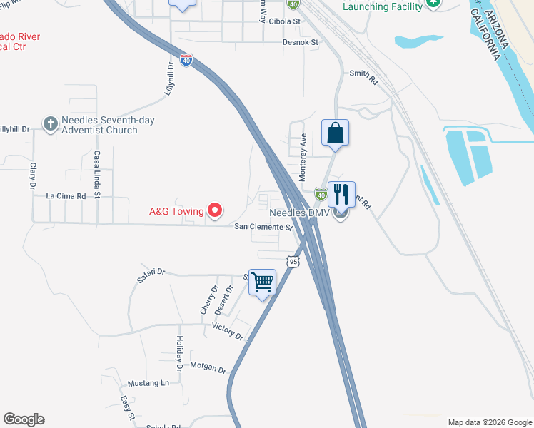 map of restaurants, bars, coffee shops, grocery stores, and more near 1100 Arizona Avenue in Needles