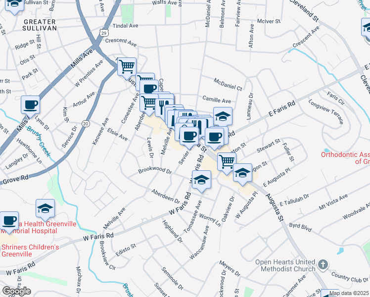map of restaurants, bars, coffee shops, grocery stores, and more near 1936 Augusta St in Greenville
