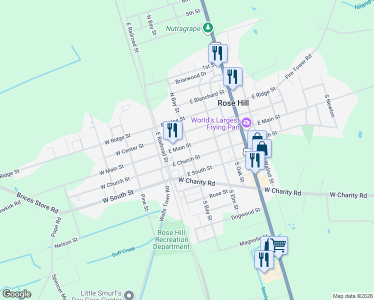 map of restaurants, bars, coffee shops, grocery stores, and more near 203 East Main Street in Rose Hill