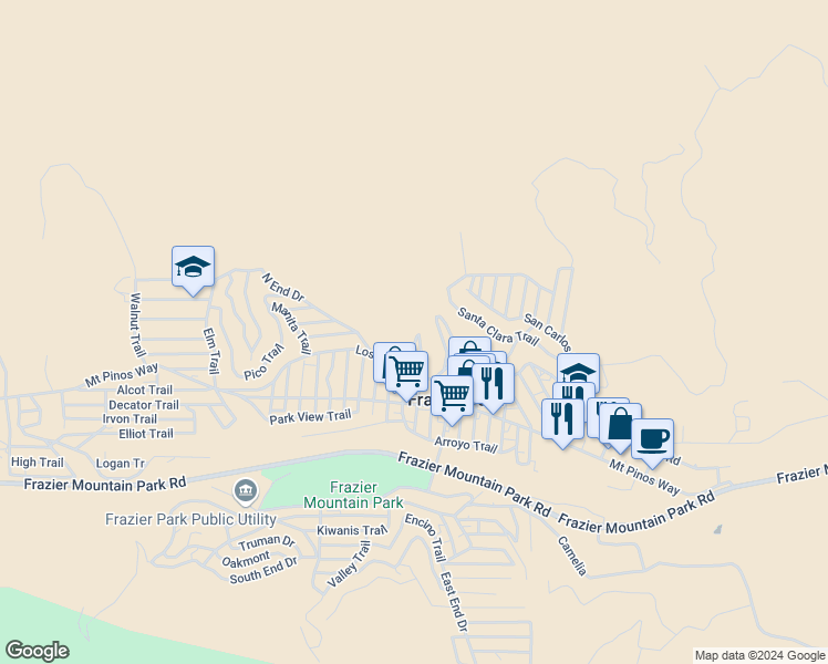 map of restaurants, bars, coffee shops, grocery stores, and more near Escolon Trail in Frazier Park