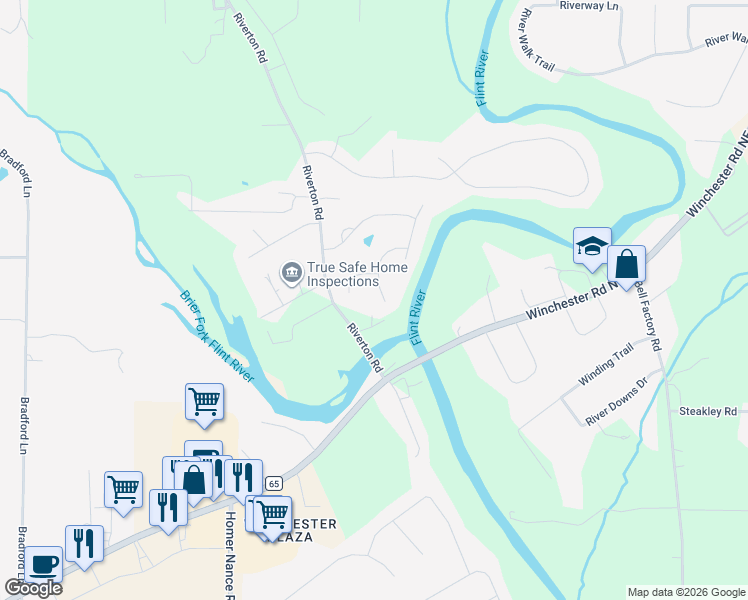 map of restaurants, bars, coffee shops, grocery stores, and more near 110 Walnut Creek Circle in Huntsville
