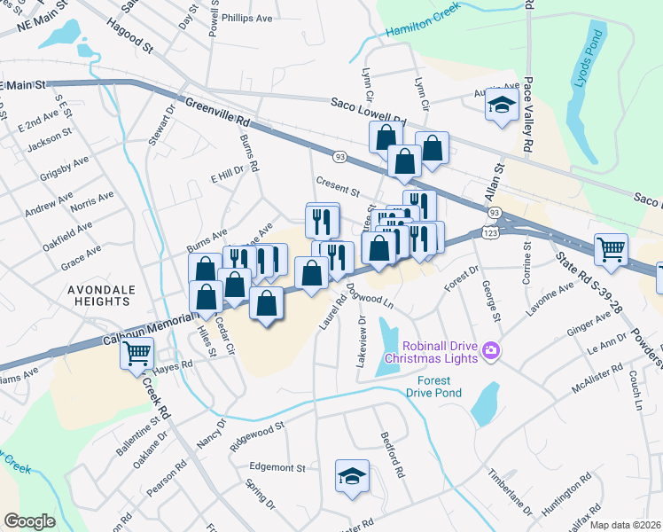 map of restaurants, bars, coffee shops, grocery stores, and more near 6020 Calhoun Memorial Highway in Easley