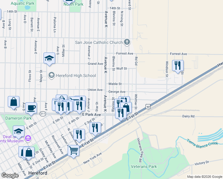 map of restaurants, bars, coffee shops, grocery stores, and more near Mable Street in Hereford