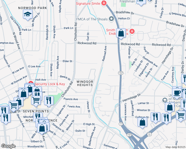 map of restaurants, bars, coffee shops, grocery stores, and more near 557 Malone Circle in Florence