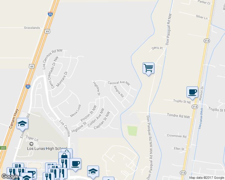 map of restaurants, bars, coffee shops, grocery stores, and more near 1200 Festival Road Northwest in Los Lunas