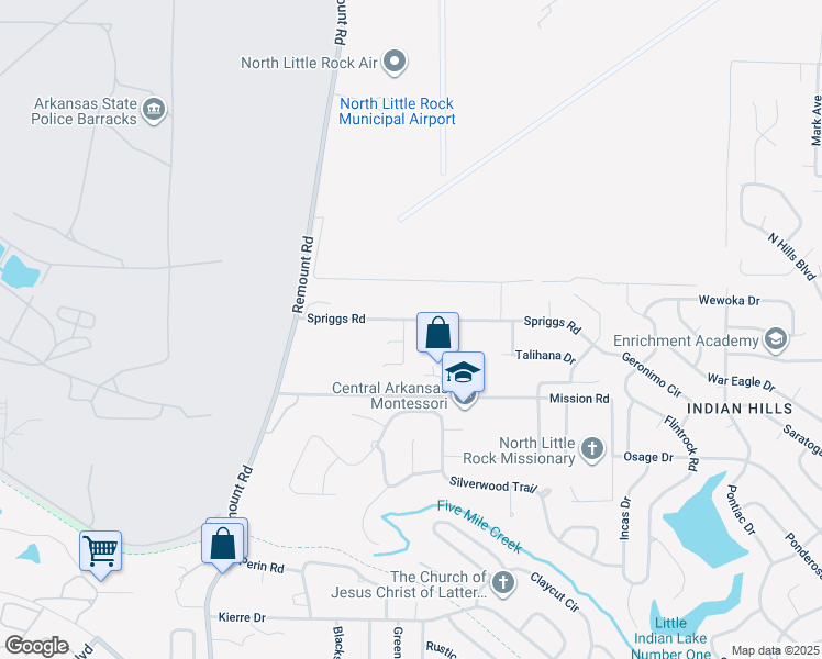 map of restaurants, bars, coffee shops, grocery stores, and more near 6 Meadow Oaks Court in North Little Rock