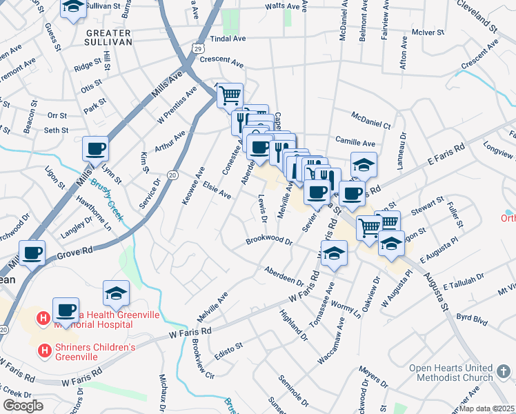 map of restaurants, bars, coffee shops, grocery stores, and more near 17 West Lewis Drive in Greenville