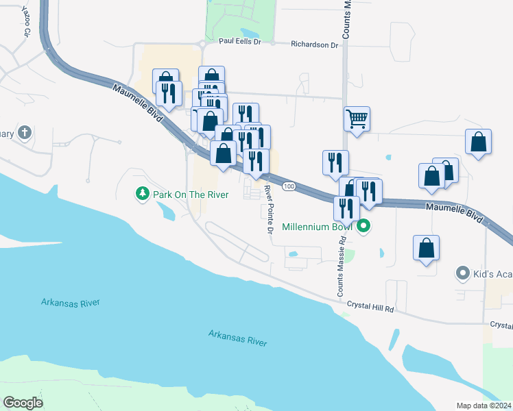 map of restaurants, bars, coffee shops, grocery stores, and more near 11600 River Pointe Drive in Maumelle