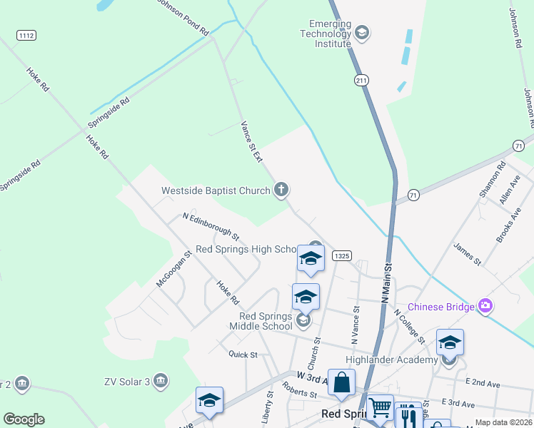map of restaurants, bars, coffee shops, grocery stores, and more near 523 Watson Farm Road in Red Springs