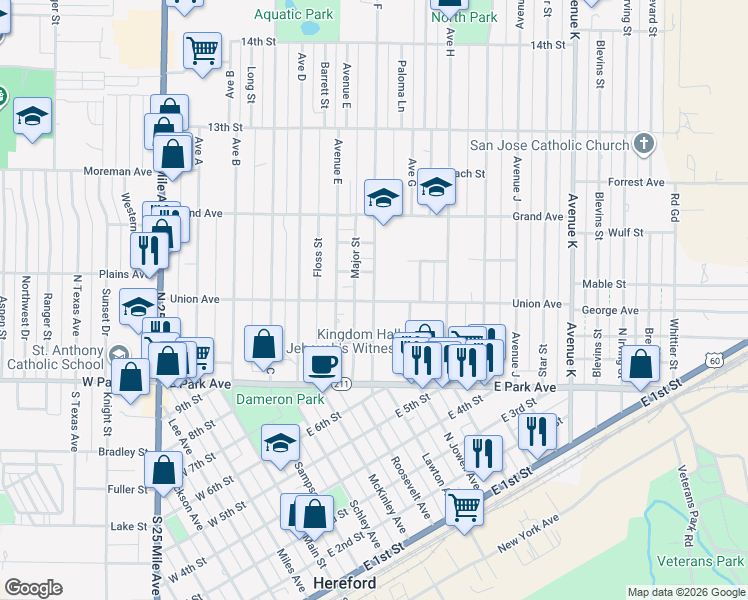 map of restaurants, bars, coffee shops, grocery stores, and more near 200 Avenue F in Hereford