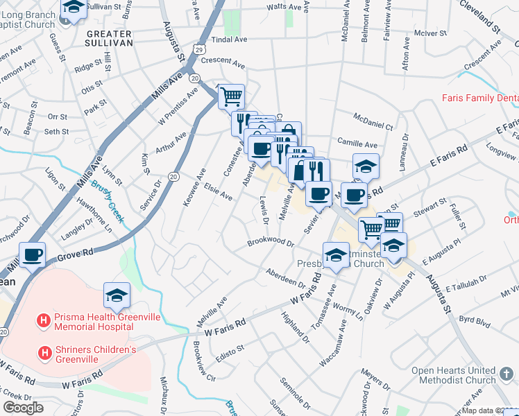 map of restaurants, bars, coffee shops, grocery stores, and more near 17 West Lewis Drive in Greenville