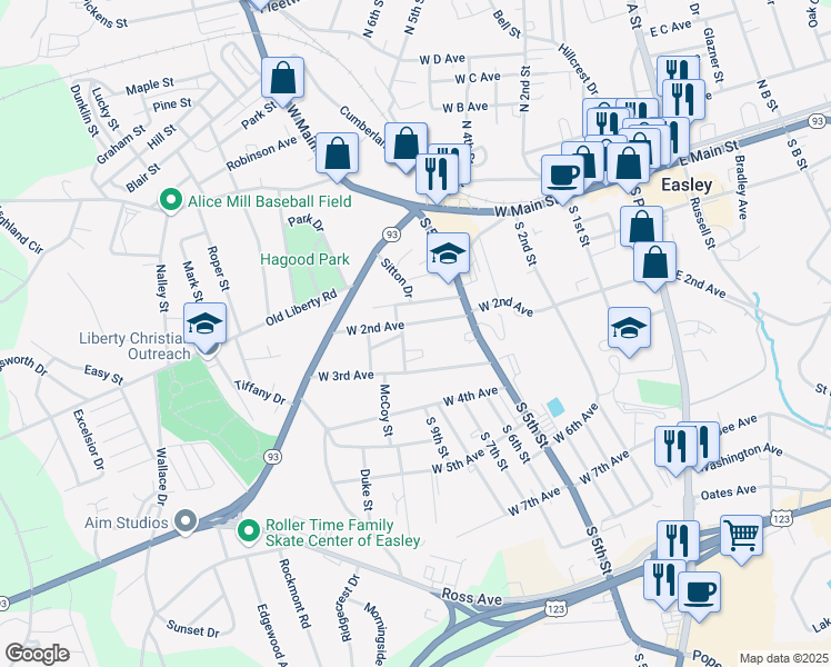 map of restaurants, bars, coffee shops, grocery stores, and more near 416 West 2nd Avenue in Easley