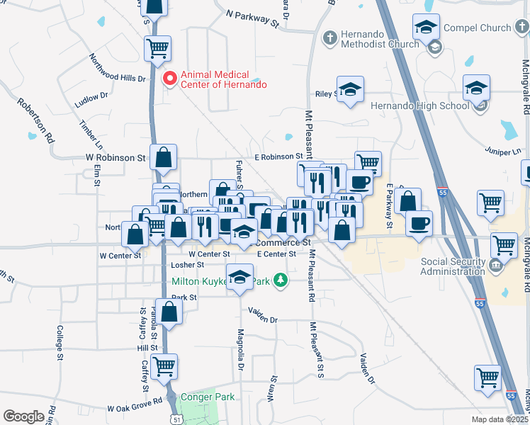 map of restaurants, bars, coffee shops, grocery stores, and more near 100 East Valley Street in Hernando