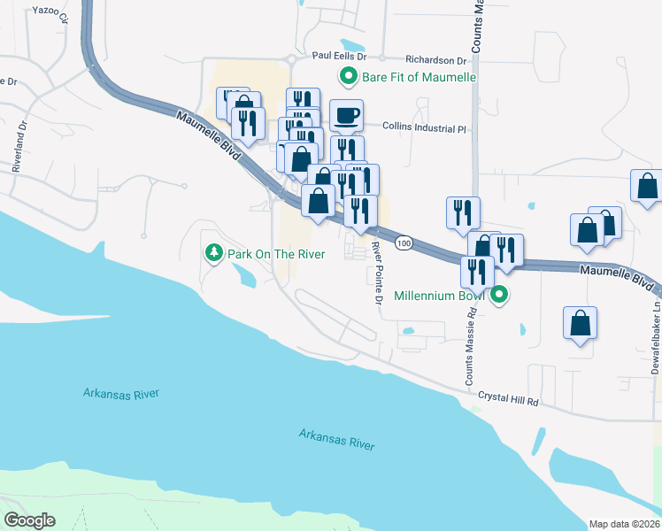 map of restaurants, bars, coffee shops, grocery stores, and more near 7325 River Pointe Drive in Maumelle