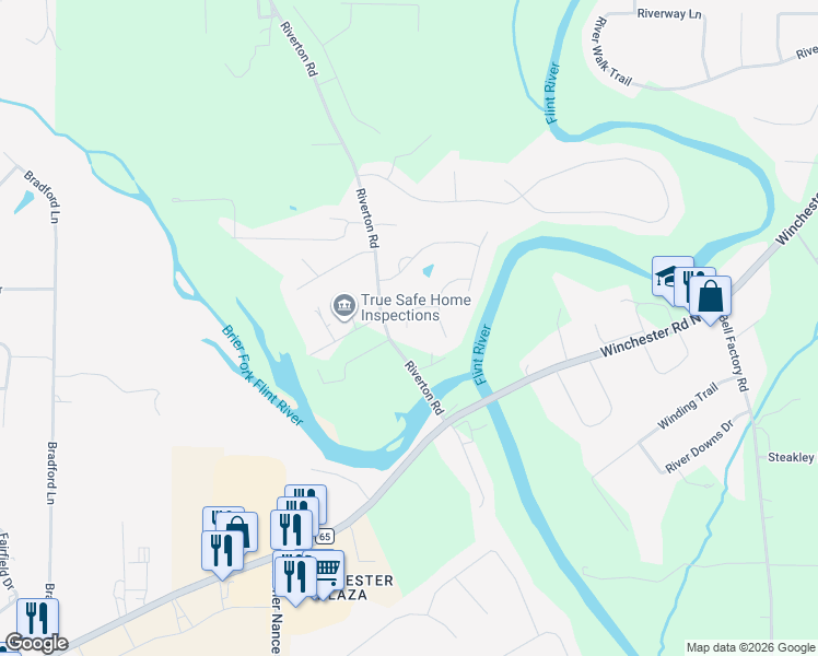map of restaurants, bars, coffee shops, grocery stores, and more near 110 Walnut Creek Circle in Huntsville
