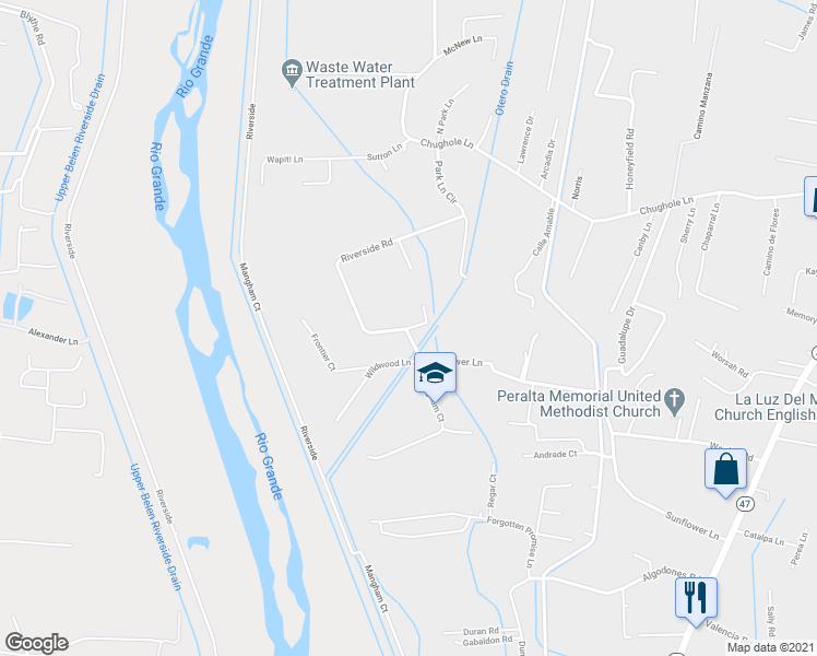 map of restaurants, bars, coffee shops, grocery stores, and more near 45 Riverside Road in Peralta