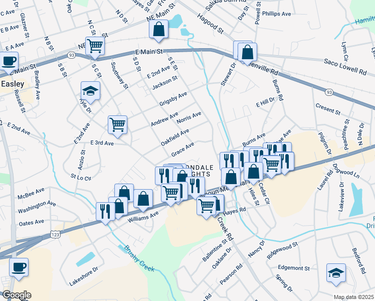 map of restaurants, bars, coffee shops, grocery stores, and more near 213 Grace Avenue in Easley