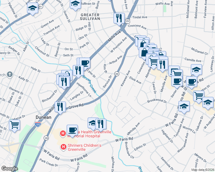 map of restaurants, bars, coffee shops, grocery stores, and more near 10 Beverly Avenue in Greenville