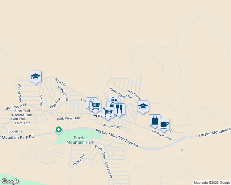 map of restaurants, bars, coffee shops, grocery stores, and more near 3527 Santa Clara Trail in Frazier Park