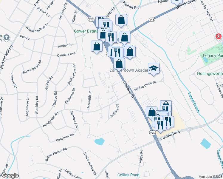 map of restaurants, bars, coffee shops, grocery stores, and more near 406 Chamonix Court in Greenville