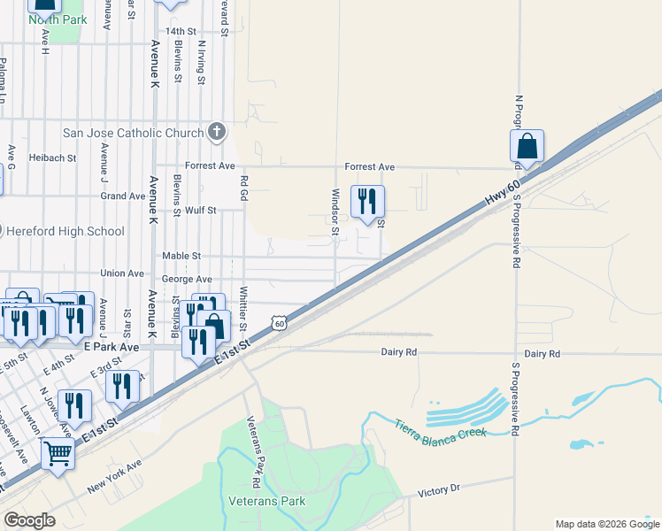 map of restaurants, bars, coffee shops, grocery stores, and more near 448 Mable Street in Hereford