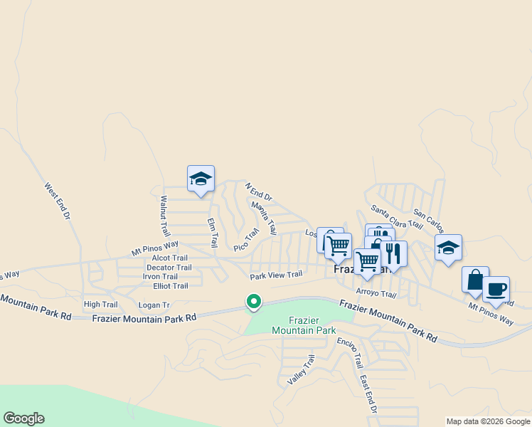 map of restaurants, bars, coffee shops, grocery stores, and more near 3917 Oregon Drive in Frazier Park