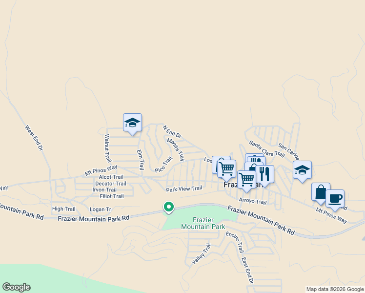 map of restaurants, bars, coffee shops, grocery stores, and more near 3905 Oregon Drive in Frazier Park
