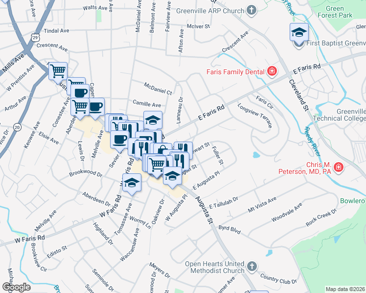 map of restaurants, bars, coffee shops, grocery stores, and more near 112 Cureton Street in Greenville