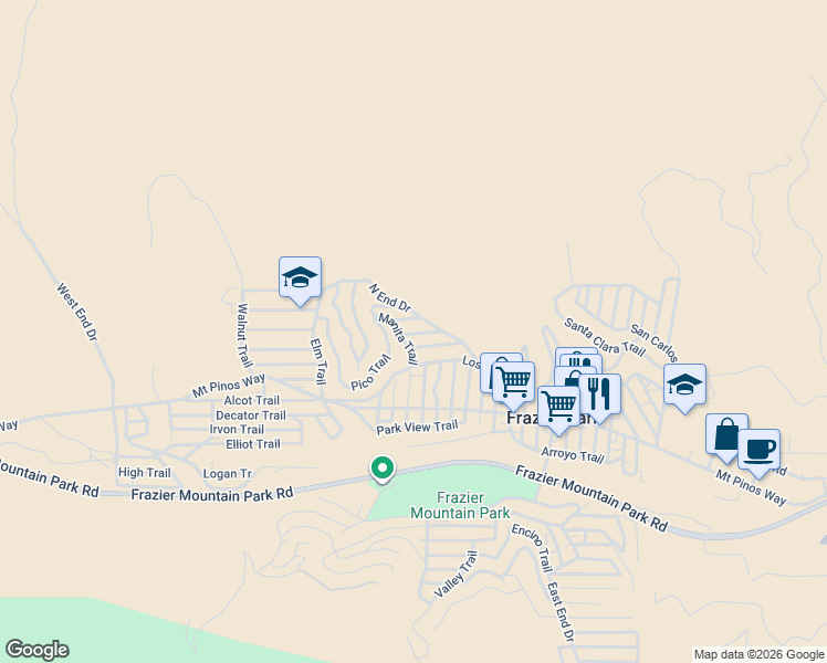map of restaurants, bars, coffee shops, grocery stores, and more near 3905 Oregon Drive in Frazier Park