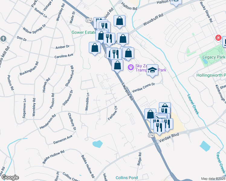 map of restaurants, bars, coffee shops, grocery stores, and more near 406 Chamonix Court in Greenville