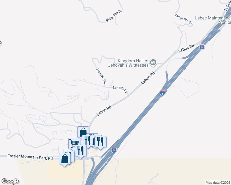map of restaurants, bars, coffee shops, grocery stores, and more near 89 Landfill Road in Lebec