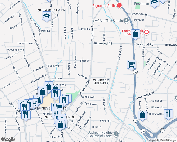 map of restaurants, bars, coffee shops, grocery stores, and more near 1815 Chisholm Road in Florence