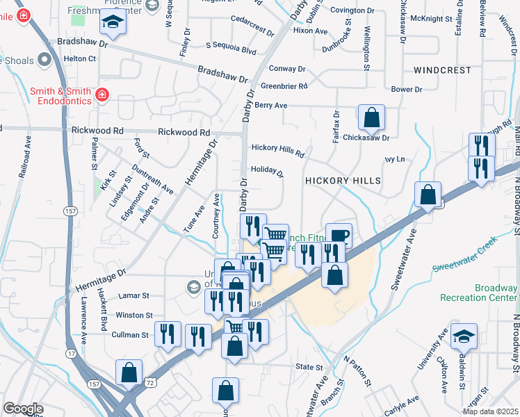 map of restaurants, bars, coffee shops, grocery stores, and more near 1910 Holiday Drive in Florence
