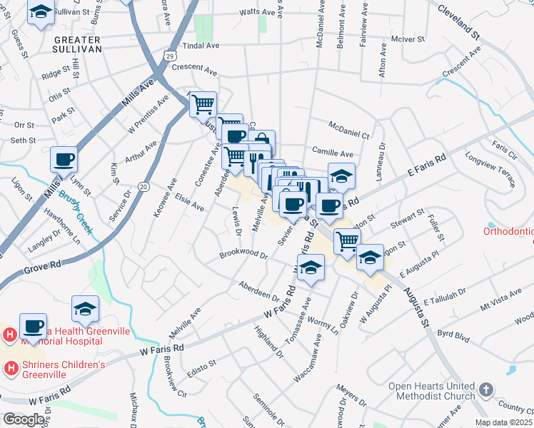 map of restaurants, bars, coffee shops, grocery stores, and more near 22 Melville Avenue in Greenville