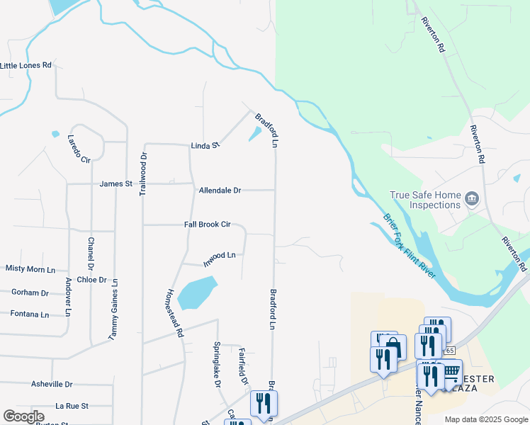 map of restaurants, bars, coffee shops, grocery stores, and more near 406 Bradford Lane in Huntsville