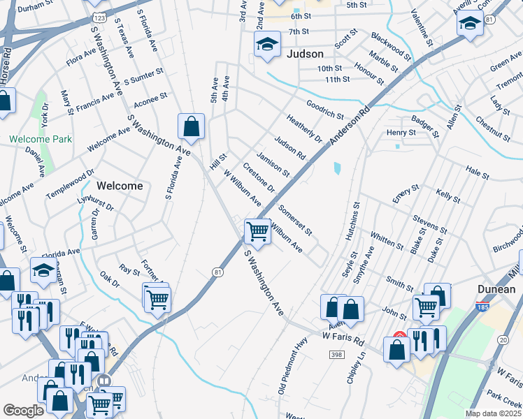 map of restaurants, bars, coffee shops, grocery stores, and more near 2000 Anderson Road in Greenville
