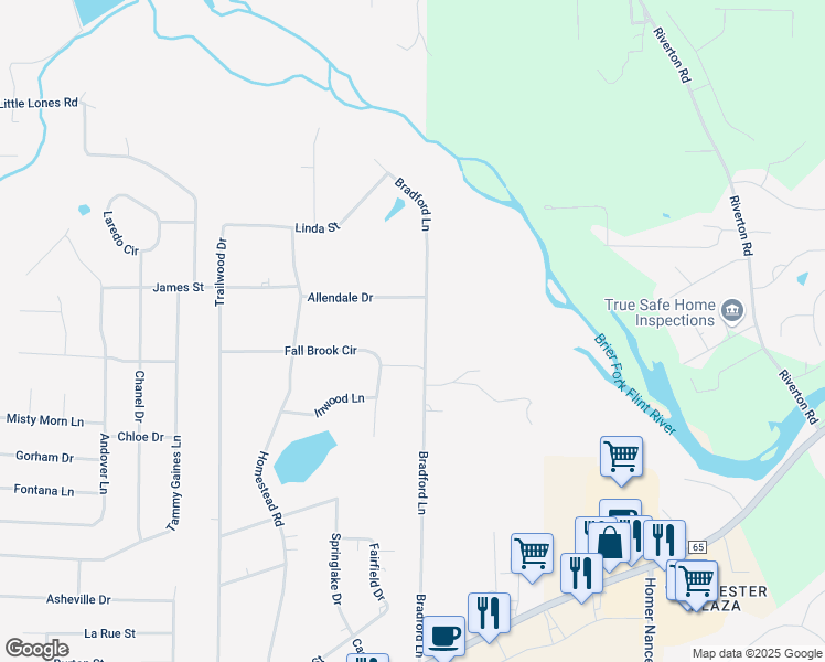 map of restaurants, bars, coffee shops, grocery stores, and more near 406 Bradford Lane in Huntsville