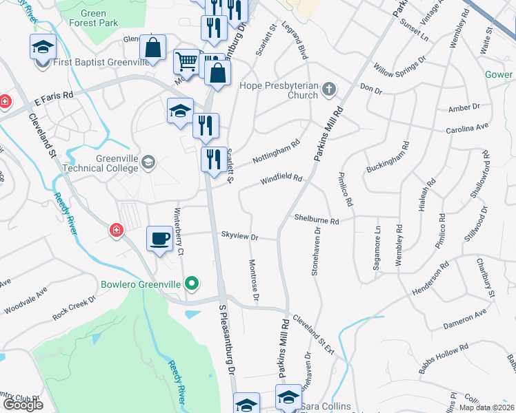 map of restaurants, bars, coffee shops, grocery stores, and more near 8 Windfield Road in Greenville