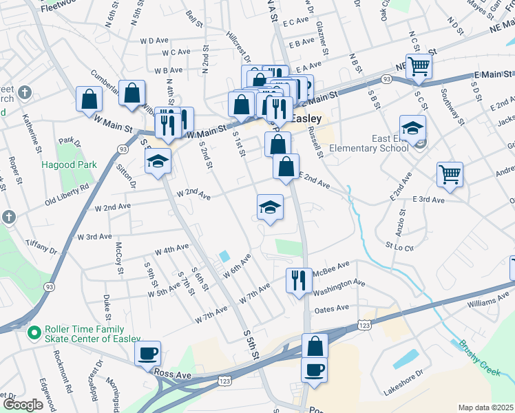 map of restaurants, bars, coffee shops, grocery stores, and more near 308 South 1st Street in Easley