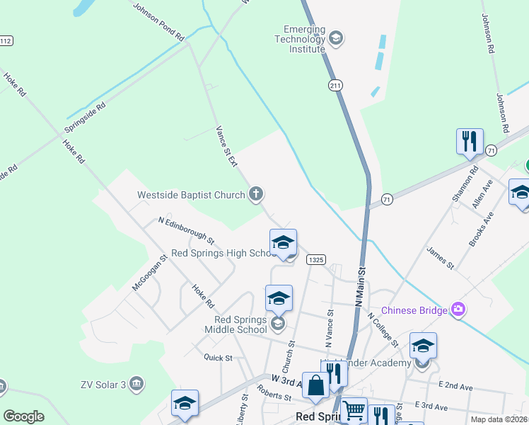 map of restaurants, bars, coffee shops, grocery stores, and more near 523 Watson Farm Road in Red Springs